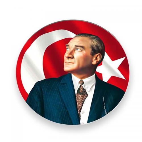 Yuvarlak Ahşap Magnet 58mm Renkli Atatürk Baskılı Model 1